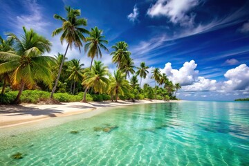 Obraz premium Warm sandy shoreline with towering palm trees and crystal clear turquoise water in the distance, tropical paradise, sunny day, serene landscape