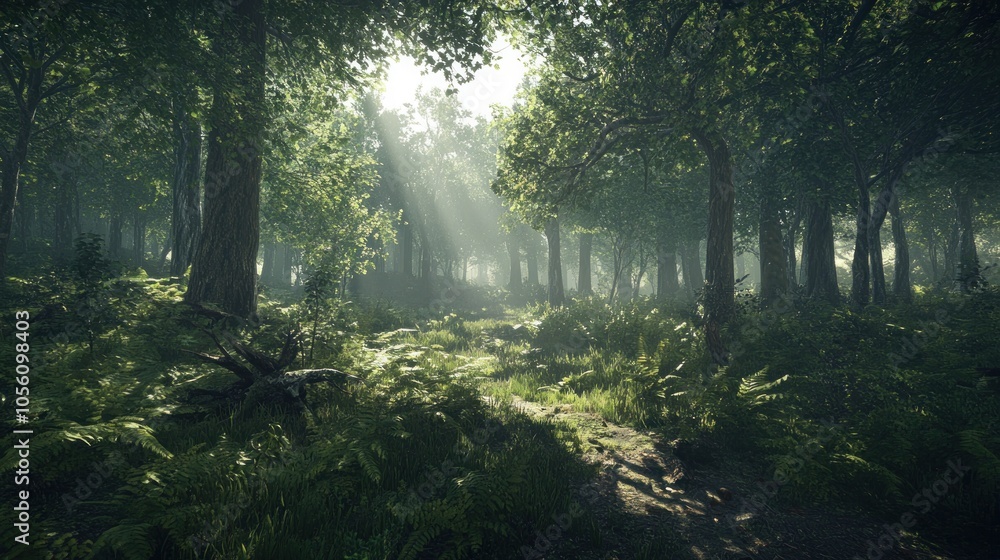 Poster sunlight streams through the dense canopy of a forest, illuminating a path through the trees.