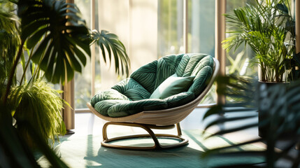 Close up of green velvet chair with pillows. Modern luxury interior design 