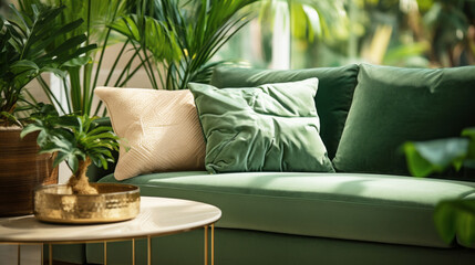 Close up of green velvet sofa with pillows. Modern luxury interior design 