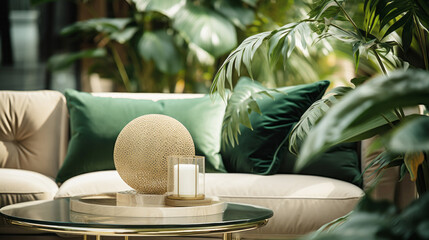 Close up of beige velvet sofa with pillows. Modern luxury interior design 