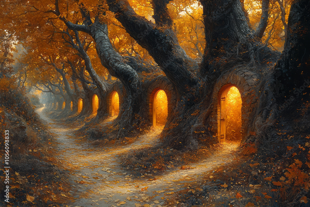 Poster a golden autumn path lined with trees, where each tree trunk has a door leading to different dreamli