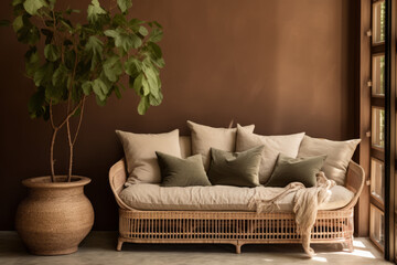 Earthy brown walls with a soft cozy couch in living room