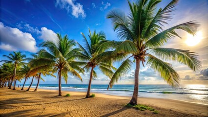 Warm sunny day at the beach with palm trees swaying gently in the breeze, palm tree, summer, warm weather