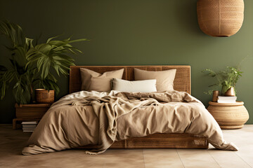 A warm brown  and green interior bedroom with a harmonious blend of plants