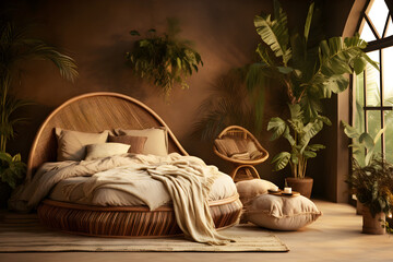 A warm brown interior bedroom with a harmonious blend of plants