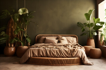 A warm brown  and olive green interior bedroom with a harmonious blend of plants