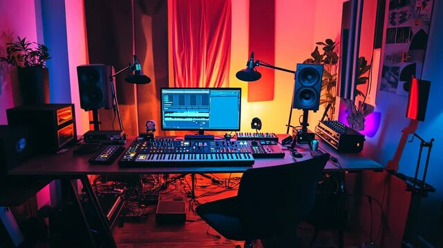 A music studio with a computer, keyboard, and speakers set up in a room with pink and orange lighting