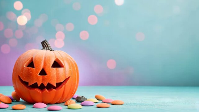 Festive Halloween Jack-O'-Lantern with Candy on Colorful Bokeh Background, Perfect for Seasonal Decorations and Holiday-Themed Projects