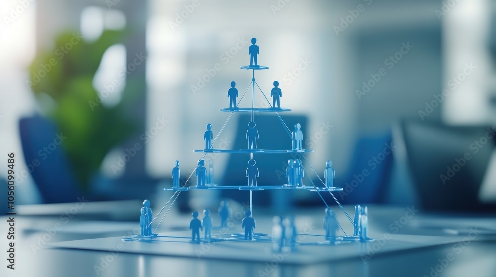 Poster a 3d model depicting a hierarchical organizational structure with figures representing roles.
