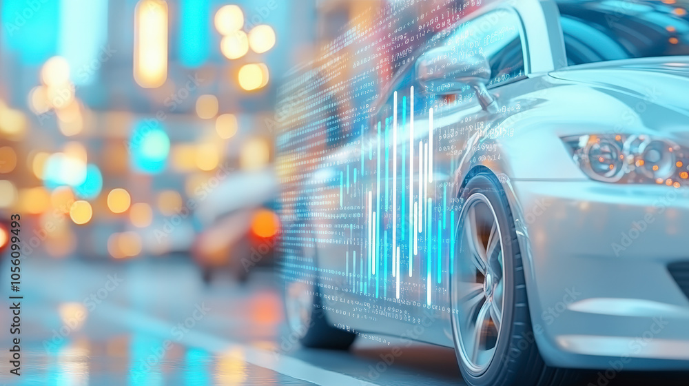 Poster a modern car in motion with dynamic digital graphics, symbolizing advanced technology and innovation