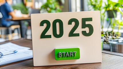 A white sign with green numbers reading 2025 sits on a wooden table with a green button that reads 'Start'.