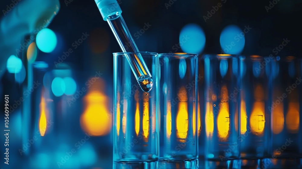 Poster a detailed laboratory experiment using test tubes and a pipette, all conducted under ambient lightin
