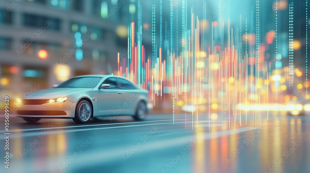 Poster a sleek car moves swiftly through a futuristic cityscape, surrounded by glowing digital data streams