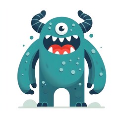 Fototapeta premium Flat, isolated illustration of a cute, friendly monster with small horns and a playful expression. Soft colors and rounded shapes, perfect for children themes and fun concepts.