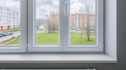 Fototapeta premium The open window reveals a serene green meadow under a clear blue sky. A bright and inviting atmosphere fills the space, highlighting the natural beauty outside