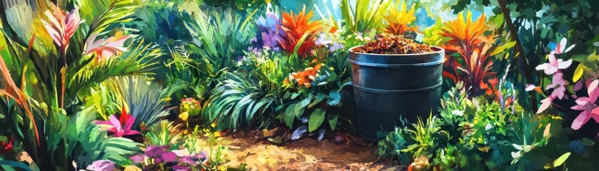 Obraz premium Backyard compost bin surrounded by vibrant plants, ecofriendly gardening, watercolor style