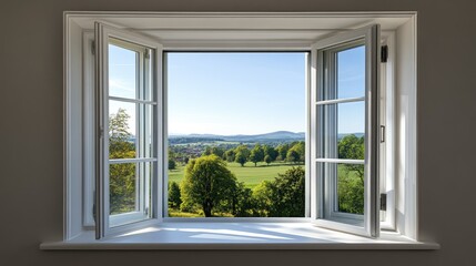 The open window reveals a serene green meadow under a clear blue sky. A bright and inviting atmosphere fills the space, highlighting the natural beauty outside