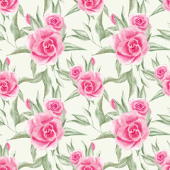 Pink roses, leaves. Garden plants. Watercolor roses. Seamless floral pattern. Roses, watercolor, texture. Home textiles. Tablecloth. Interior, wallpaper. Watercolor roses. Pink. Spring, summer. Flower