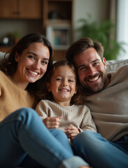 Obraz premium Happy millennials cuddle on couch watching TV together with healthy smiling parents and their adoring little girl.