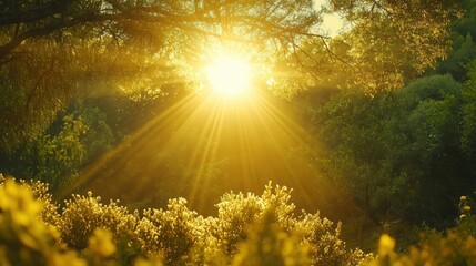 Obraz premium Golden sunlight filters through trees illuminating a vibrant springtime forest