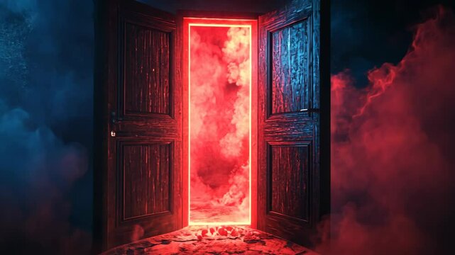 A dark, wooden door stands open, revealing a glowing red doorway and smoky mist beyond