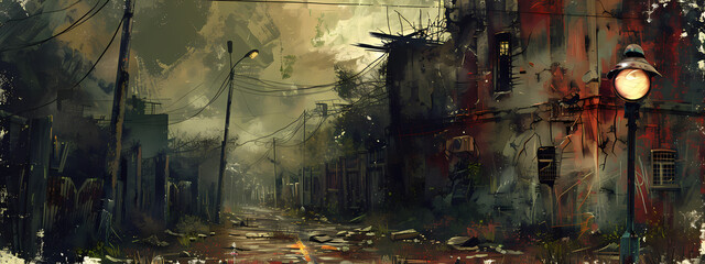 Fototapeta premium A hauntingly atmospheric view of a deserted urban street, characterized by dilapidated buildings and overgrown vegetation.