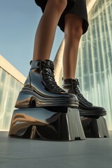 Unique Black Platform Boots on a Stylish Urban Rooftop Against a Modern Glass Building During the Early Evening