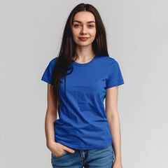 Obraz premium A young Caucasian woman poses confidently in a vibrant blue t-shirt, showcasing her long dark hair and a relaxed, approachable expression.