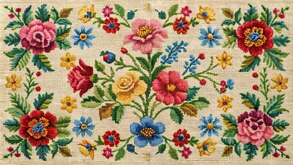 Vintage-inspired floral patterns created using traditional stitching techniques such as cross-stitch and needlepoint on a linen or cotton background, cotton fabric, linen textile, textile art