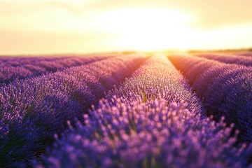 Fototapeta premium Lavender Field Rows Glowing In Sunset Light, Provence Landscape. Lavender Fields Landscape