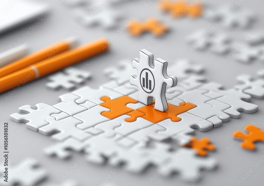 Aufkleber a puzzle piece with a graph symbol stands out among orange and white pieces, symbolizing problem-sol