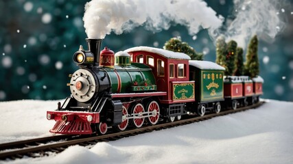 A Detailed View of a Toy Christmas Train Adorned with Colorful Lights Traveling Through a Snowy Scene