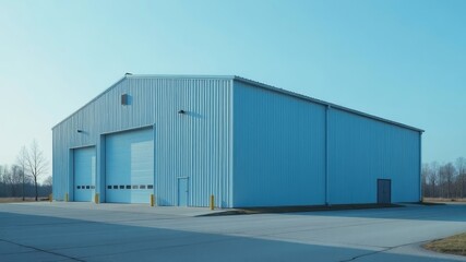 A large blue metal building with multiple doors stands on a paved lot against a clear blue sky