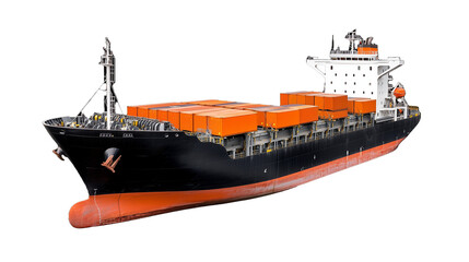Fototapeta premium A large cargo ship loaded with containers, isolated on a transparent background. Perfect for shipping and logistics concepts.