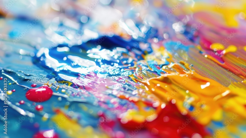 Poster paint smudges and spills form abstract shapes in the defocused view.