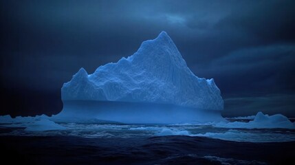 A large iceberg, illuminated by the blue light of the setting sun, stands out against the dark clouds and the dark ocean water.
