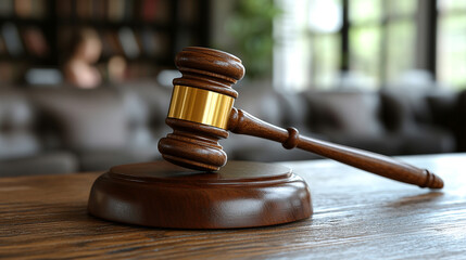 Obraz premium udge's gavel in focus, symbolizing law and justice, with blurred children in the background representing child custody or protection cases. Highlights legal issues surrounding children's welfare