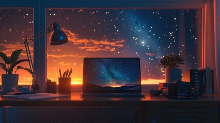  a laptop on the table, and a beautiful sunset outside the window