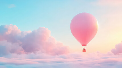 Fototapeta premium A pink hot air balloon floats serenely above fluffy clouds against a pastel sky, creating a tranquil and dreamlike atmosphere.