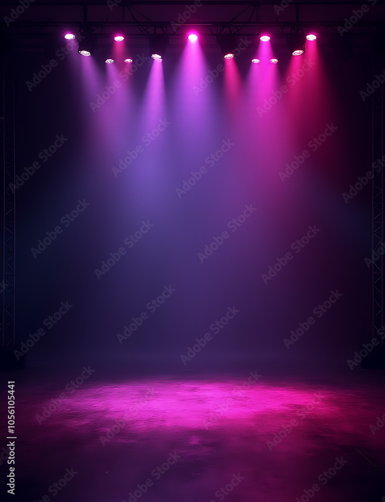 Poster glowing neon lights illuminate an empty stage with dark, modern abstract design featuring rays, line
