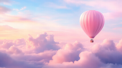 Obraz premium A pink hot air balloon floats serenely above fluffy clouds in a pastel-colored sky, creating a dreamy and tranquil scene.