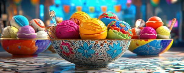 Fototapeta premium Colorful sorbet scoops arranged in a patterned bowl, refreshing and vibrant, 3D illustration