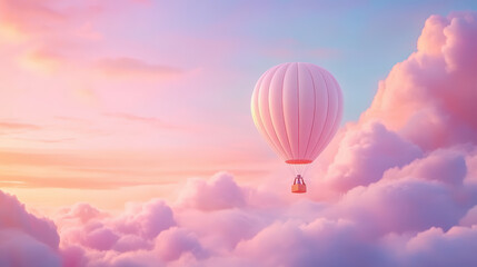 Fototapeta premium A pink hot air balloon floats gracefully among fluffy clouds at sunset, creating a serene and dreamy atmosphere in the sky.
