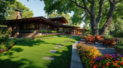 Obraz premium Craftsman-style home with lush green lawn, colorful flowers along the front walkway, a shaded patio with rustic furniture, and large trees creating a warm, welcoming environment.