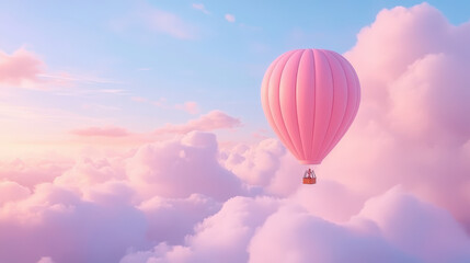 Obraz premium A pink hot air balloon floats gently among fluffy clouds in a serene, pastel-colored sky at sunrise, creating a dreamy and peaceful scene.