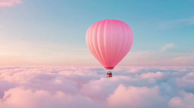 A serene pink hot air balloon gently floats above soft, fluffy clouds against a clear blue sky at sunrise, creating a dreamy aerial scene.
