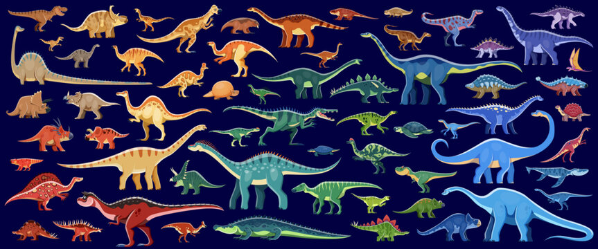 Color prehistoric dinosaurs vector set. Cartoon colorful dino species. Ancient reptiles from jurassic era. Terrestrial carnivores, omnivores, herbivores and mammoth with vibrant colors and shapes