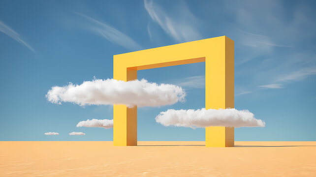 Surreal Desert Landscape: White Clouds Flowing Through Yellow Portals in a Sunny, Minimalist Abstract World