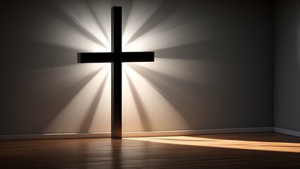 cross in the dark room with divine light emitting 